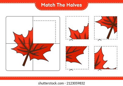 Coincide con las mitades. Coincidir mitades de hoja de arce. Juego infantil educativo, hoja de cálculo imprimible, ilustración vectorial