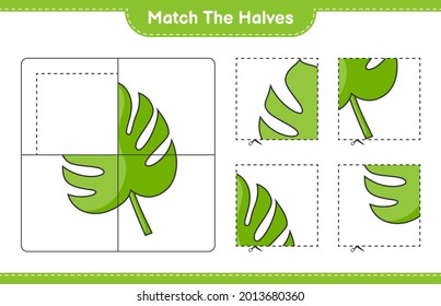 Coincide con las mitades. Coincidir con las mitades de Monstera. Juego infantil educativo, hoja de cálculo imprimible, ilustración vectorial