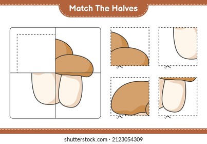 Match the halves. Match halves of Mushroom Boletus. Educational children game, printable worksheet, vector illustration