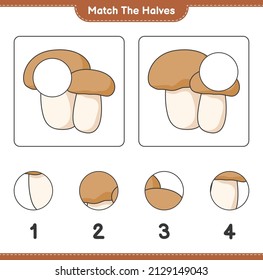 Coincide con las mitades. Coincide con mitades de hongo Boletus. Juego infantil educativo, hoja de cálculo imprimible, ilustración vectorial