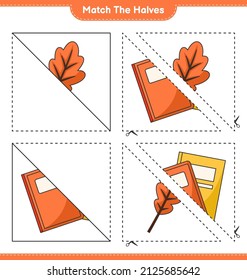 Match the halves. Match halves of Oak Leaf and Book. Educational children game, printable worksheet, vector illustration