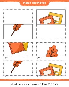Coincide con las mitades. Coincide con mitades de hoja de roble y libro. Juego infantil educativo, hoja de cálculo imprimible, ilustración vectorial