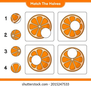 Coincide con las mitades. Coincide con las mitades de Orange. Juego infantil educativo, hoja de cálculo imprimible, ilustración vectorial