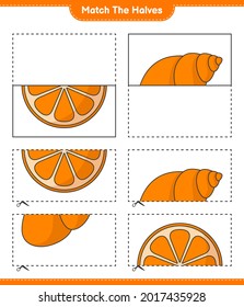 Coincide con las mitades. Coincide con mitades de conchas Naranjas y Marinas. Juego infantil educativo, hoja de cálculo imprimible, ilustración vectorial