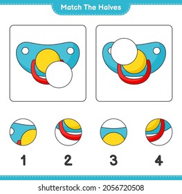 Match the halves. Match halves of Pacifier. Educational children game, printable worksheet, vector illustration