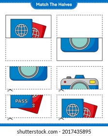 Match the halves. Match halves of Passport and Camera. Educational children game, printable worksheet, vector illustration