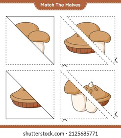 Match the halves. Match halves of Pie and Mushroom Boletus. Educational children game, printable worksheet, vector illustration