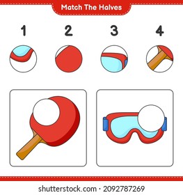 Coincide con las mitades. Coincide con las mitades de la raqueta de Ping Pong y la garganta. Juego infantil educativo, hoja de cálculo imprimible, ilustración vectorial