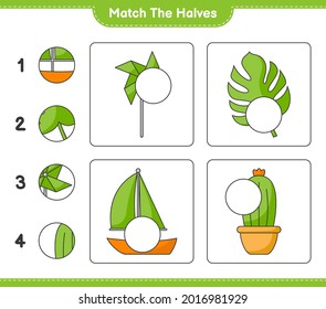 Match the halves. Match halves of Pinwheels, Cactus, Monstera, and Sailboat. Educational children game