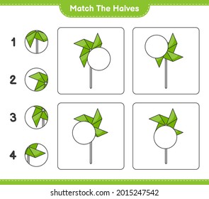Match the halves. Match halves of Pinwheels. Educational children game, printable worksheet, vector illustration