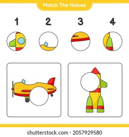 Match the halves. Match halves of Plane and Rocket. Educational children game, printable worksheet, vector illustration