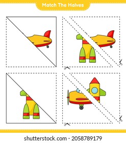 Coincide con las mitades. Coincide con mitades de avión y cohete. Juego infantil educativo, hoja de cálculo imprimible, ilustración vectorial