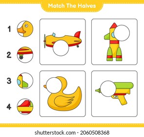 Match the halves. Match halves of Plane, Rocket, Rubber Duck, and Water Gun. Educational children game, printable worksheet, vector illustration