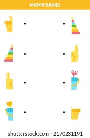 Match Hälften von Plastikobjekten. Logisches Spiel für Kinder.