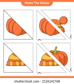 Coincide con las mitades. Coincide con mitades de calabaza y sombrero. Juego infantil educativo, hoja de cálculo imprimible, ilustración vectorial