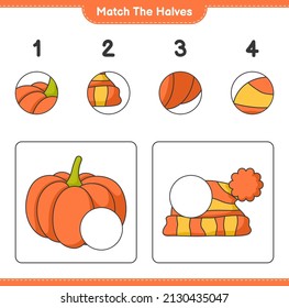 Match the halves. Match halves of Pumpkin and Hat. Educational children game, printable worksheet, vector illustration