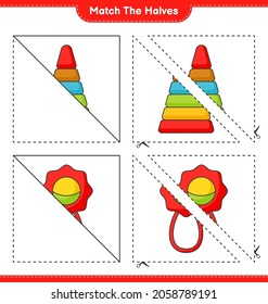 Match the halves. Match halves of Pyramid Toy and Baby Rattle. Educational children game, printable worksheet, vector illustration