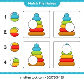 Match the halves. Match halves of Pyramid Toy. Educational children game, printable worksheet, vector illustration