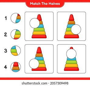 Match the halves. Match halves of Pyramid Toy. Educational children game, printable worksheet, vector illustration
