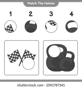 Match the halves. Match halves of Racing Flags and Dumbbell. Educational children game, printable worksheet, vector illustration