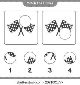 Match the halves. Match halves of Racing Flags. Educational children game, printable worksheet, vector illustration