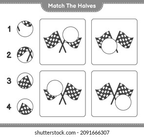Match the halves. Match halves of Racing Flags. Educational children game, printable worksheet, vector illustration
