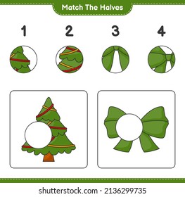 Coincide con las mitades. Coincide con mitades de cinta y árbol de Navidad. Juego infantil educativo, hoja de cálculo imprimible, ilustración vectorial