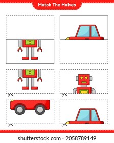 Coincide con las mitades. Coincide con mitades de caracteres y coches robots. Juego infantil educativo, hoja de cálculo imprimible, ilustración vectorial
