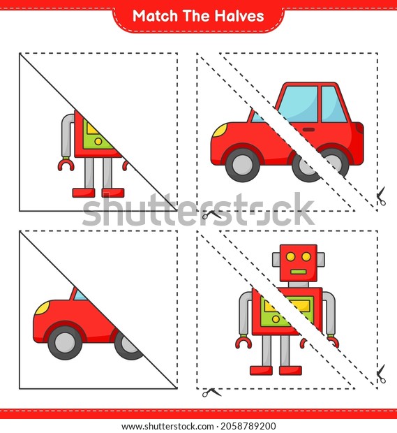 Match the halves. Match halves of Robot\
Character and Car. Educational children game, printable worksheet,\
vector illustration