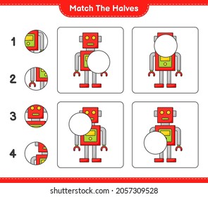 Coincide con las mitades. Coincidir mitades de caracteres robots. Juego infantil educativo, hoja de cálculo imprimible, ilustración vectorial