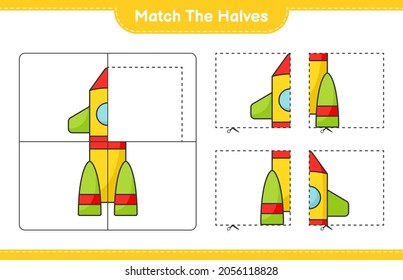 Match the halves. Match halves of Rocket. Educational children game, printable worksheet, vector illustration