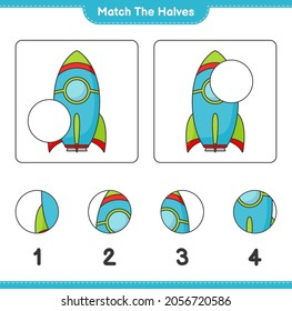 Match the halves. Match halves of Rocket. Educational children game, printable worksheet, vector illustration