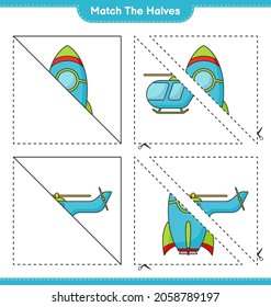 Coincide con las mitades. Coincide con mitades de cohetes y helicópteros. Juego infantil educativo, hoja de cálculo imprimible, ilustración vectorial