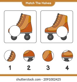 Coincide con las mitades. Coincide con mitades de patineta. Juego infantil educativo, hoja de cálculo imprimible, ilustración vectorial
