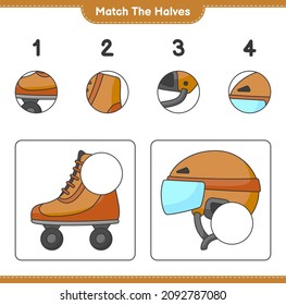 Match the halves. Match halves of Roller Skate and Hockey Helmet. Educational children game, printable worksheet, vector illustration