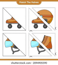 Match the halves. Match halves of Roller Skate and Hockey Helmet. Educational children game, printable worksheet, vector illustration