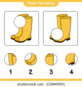 Match the halves. Match halves of Rubber Boots. Educational children game, printable worksheet, vector illustration