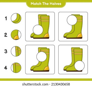 Match the halves. Match halves of Rubber Boots. Educational children game, printable worksheet, vector illustration
