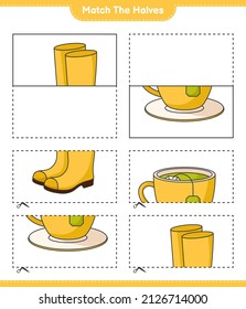 Match the halves. Match halves of Rubber Boots and Tea Cup. Educational children game, printable worksheet, vector illustration