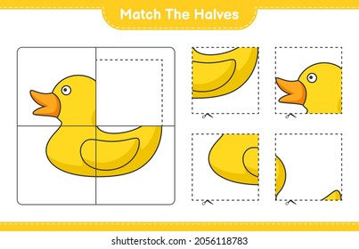 Match the halves. Match halves of Rubber Duck. Educational children game, printable worksheet, vector illustration