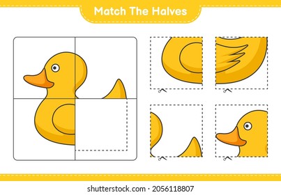 Match the halves. Match halves of Rubber Duck. Educational children game, printable worksheet, vector illustration