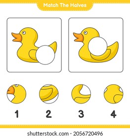 Match the halves. Match halves of Rubber Duck. Educational children game, printable worksheet, vector illustration