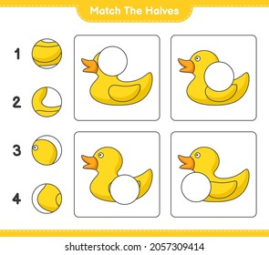 Match the halves. Match halves of Rubber Duck. Educational children game, printable worksheet, vector illustration