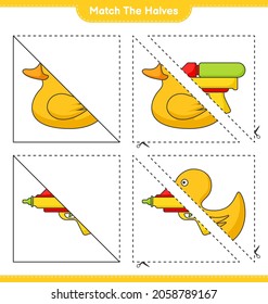 Coincide con las mitades. Coincide con mitades de pato de goma y pistola de agua. Juego infantil educativo, hoja de cálculo imprimible, ilustración vectorial