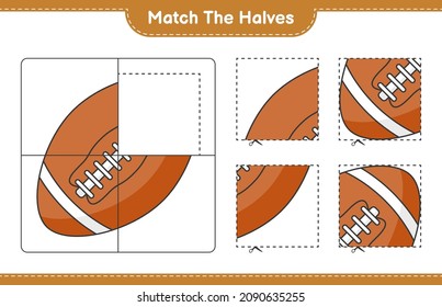 Coincide con las mitades. Coincidir mitades de Rugby Ball. Juego infantil educativo, hoja de cálculo imprimible, ilustración vectorial