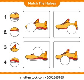 Match the halves. Match halves of Running Shoes. Educational children game, printable worksheet, vector illustration