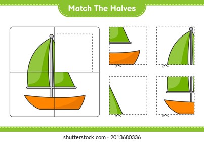 Match the halves. Match halves of Sailboat. Educational children game, printable worksheet, vector illustration