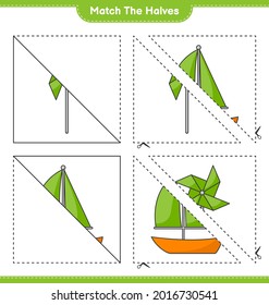 Coincide con las mitades. Coincide con las mitades de la vela y las ruedas. Juego infantil educativo, hoja de cálculo imprimible, ilustración vectorial