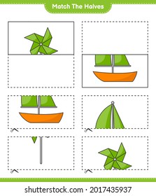 Match the halves. Match halves of Sailboat and Pinwheels. Educational children game, printable worksheet, vector illustration