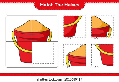 Match die Hälften! Match Hälften von Sand Bucket. Kinderspiel, druckbares Arbeitsblatt, Vektorgrafik